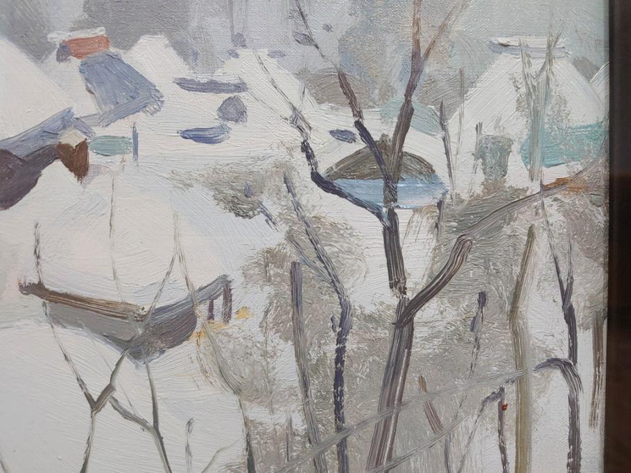 真作　野溝嘉彦　「塩の道・雪」　F10(10号)　絵画(油絵、油彩、肉筆、サイン入り、雪山、冬、風景、山村、額装)(R-079122)