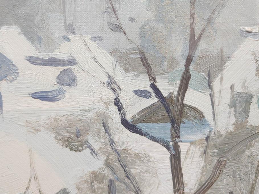 真作　野溝嘉彦　「塩の道・雪」　F10(10号)　絵画(油絵、油彩、肉筆、サイン入り、雪山、冬、風景、山村、額装)(R-079122)