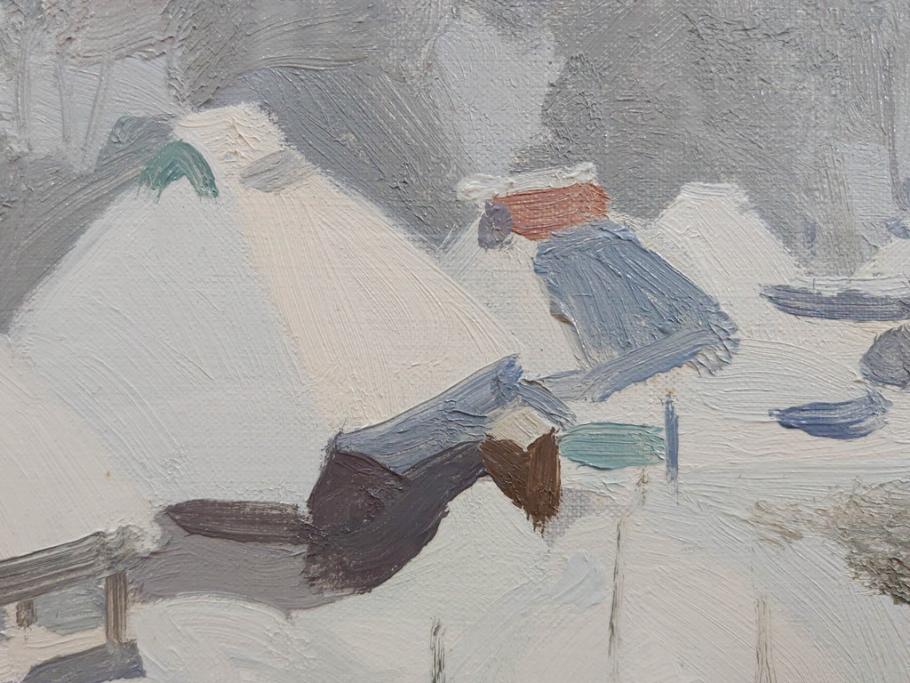 真作　野溝嘉彦　「塩の道・雪」　F10(10号)　絵画(油絵、油彩、肉筆、サイン入り、雪山、冬、風景、山村、額装)(R-079122)