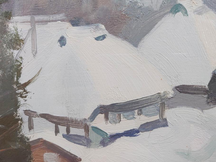 真作　野溝嘉彦　「塩の道・雪」　F10(10号)　絵画(油絵、油彩、肉筆、サイン入り、雪山、冬、風景、山村、額装)(R-079122)