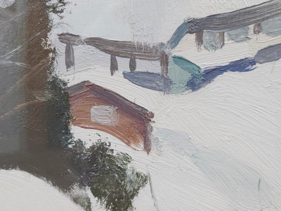 真作　野溝嘉彦　「塩の道・雪」　F10(10号)　絵画(油絵、油彩、肉筆、サイン入り、雪山、冬、風景、山村、額装)(R-079122)