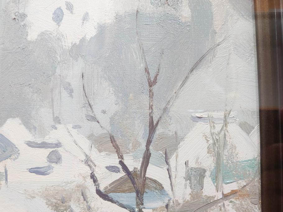 真作　野溝嘉彦　「塩の道・雪」　F10(10号)　絵画(油絵、油彩、肉筆、サイン入り、雪山、冬、風景、山村、額装)(R-079122)
