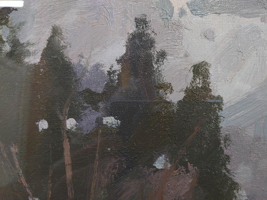 真作　野溝嘉彦　「塩の道・雪」　F10(10号)　絵画(油絵、油彩、肉筆、サイン入り、雪山、冬、風景、山村、額装)(R-079122)