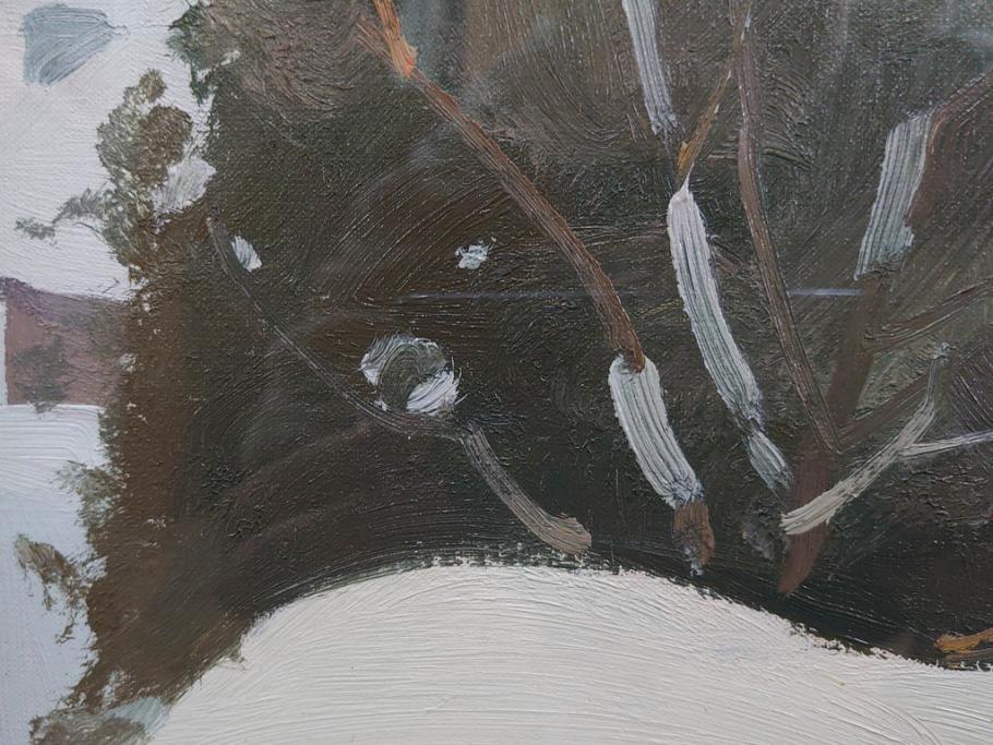 真作　野溝嘉彦　「塩の道・雪」　F10(10号)　絵画(油絵、油彩、肉筆、サイン入り、雪山、冬、風景、山村、額装)(R-079122)