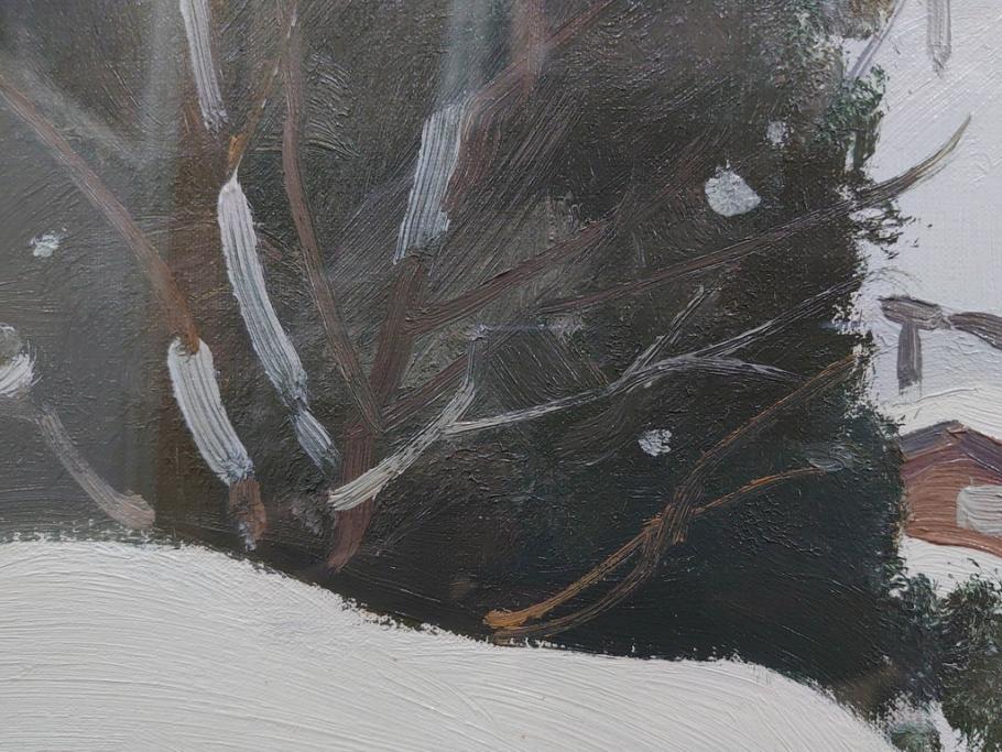 真作　野溝嘉彦　「塩の道・雪」　F10(10号)　絵画(油絵、油彩、肉筆、サイン入り、雪山、冬、風景、山村、額装)(R-079122)