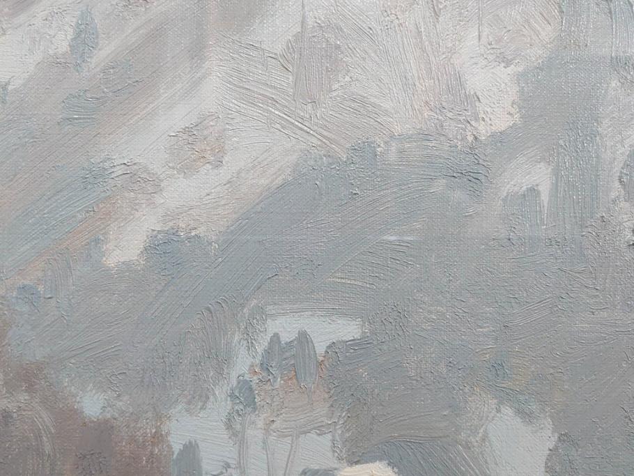 真作　野溝嘉彦　「塩の道・雪」　F10(10号)　絵画(油絵、油彩、肉筆、サイン入り、雪山、冬、風景、山村、額装)(R-079122)