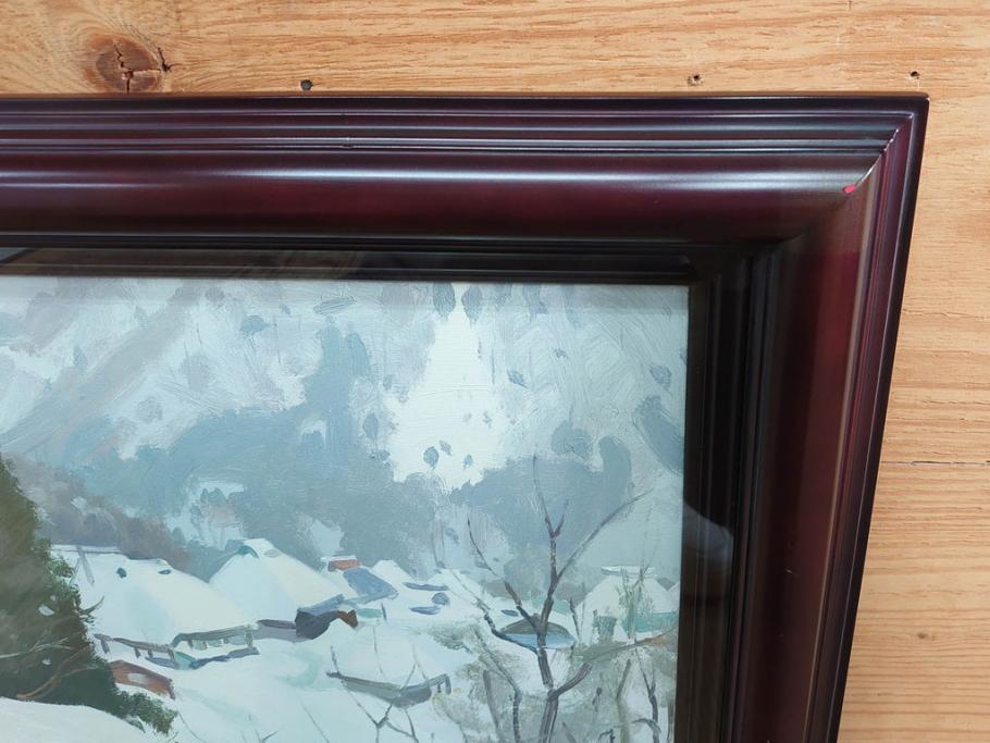 真作　野溝嘉彦　「塩の道・雪」　F10(10号)　絵画(油絵、油彩、肉筆、サイン入り、雪山、冬、風景、山村、額装)(R-079122)