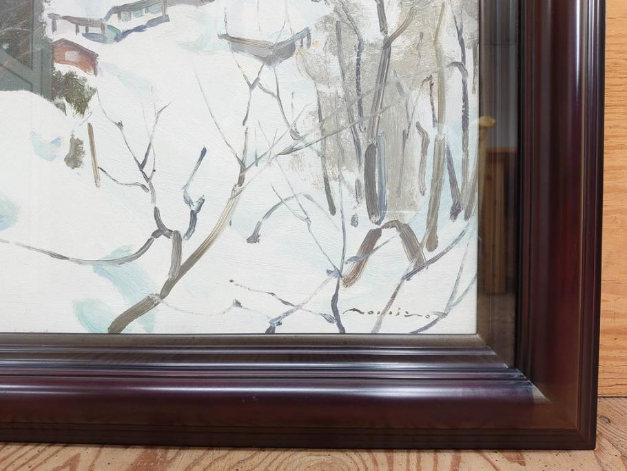真作　野溝嘉彦　「塩の道・雪」　F10(10号)　絵画(油絵、油彩、肉筆、サイン入り、雪山、冬、風景、山村、額装)(R-079122)