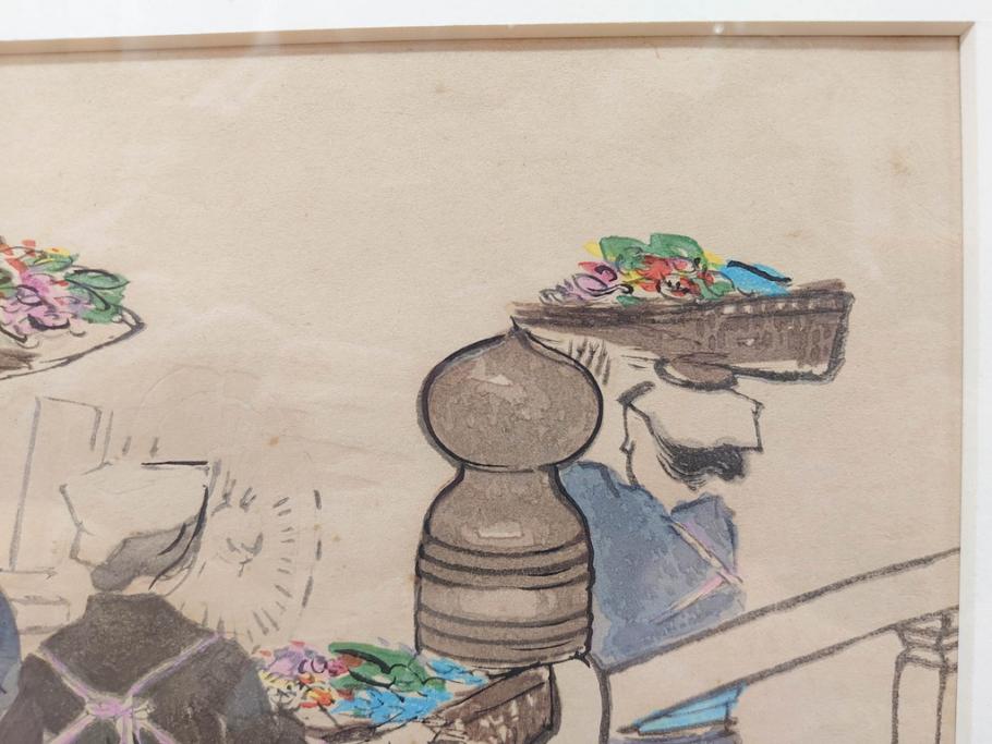 真作　洋画家・版画家　和田三造　「虚無僧」 「舟やど」 「花売り」　ノスタルジーな雰囲気を感じる木版画3点セット(昭和職業絵尽、京都版画院、絵画、人物、職業、女性、男性、子供、動物、壁掛け、額装、外箱付き)(R-079124)　