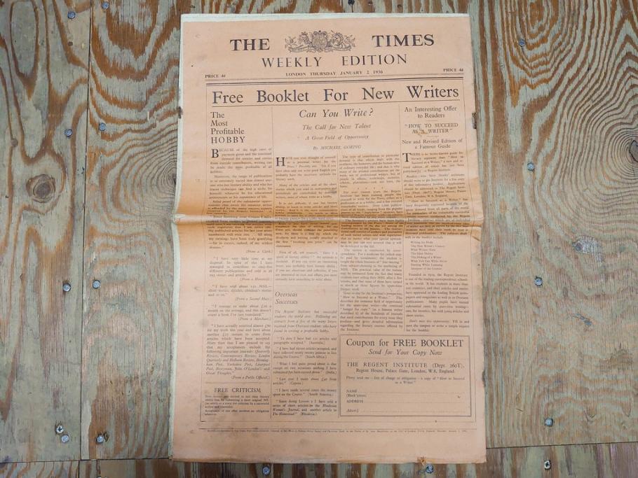 アンティーク　戦前　1936年　イギリス　THE TIMES WEEKLY EDITION　英字新聞46部(英国、広告、カラー、白黒、ディスプレイ、情報誌、ニュースペーパー、newspaper)(R-079125)　