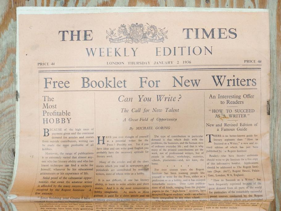 アンティーク　戦前　1936年　イギリス　THE TIMES WEEKLY EDITION　英字新聞46部(英国、広告、カラー、白黒、ディスプレイ、情報誌、ニュースペーパー、newspaper)(R-079125)　