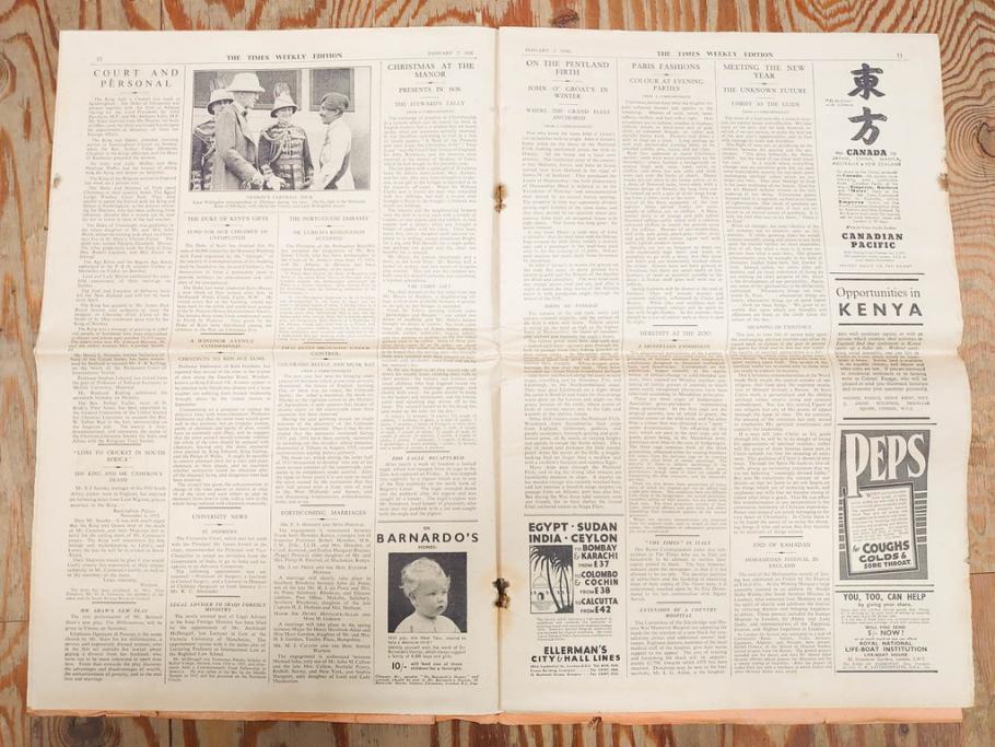 アンティーク　戦前　1936年　イギリス　THE TIMES WEEKLY EDITION　英字新聞46部(英国、広告、カラー、白黒、ディスプレイ、情報誌、ニュースペーパー、newspaper)(R-079125)　