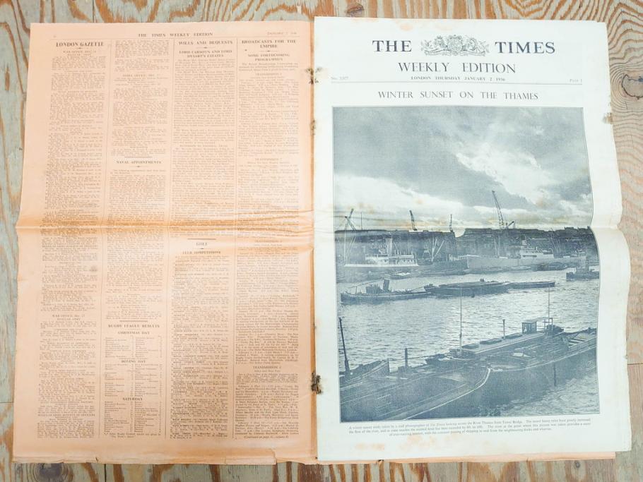 アンティーク　戦前　1936年　イギリス　THE TIMES WEEKLY EDITION　英字新聞46部(英国、広告、カラー、白黒、ディスプレイ、情報誌、ニュースペーパー、newspaper)(R-079125)　