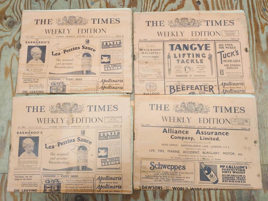 アンティーク　戦前　1936年　イギリス　THE TIMES WEEKLY EDITION　英字新聞46部(英国、広告、カラー、白黒、ディスプレイ、情報誌、ニュースペーパー、newspaper)(R-079125)　