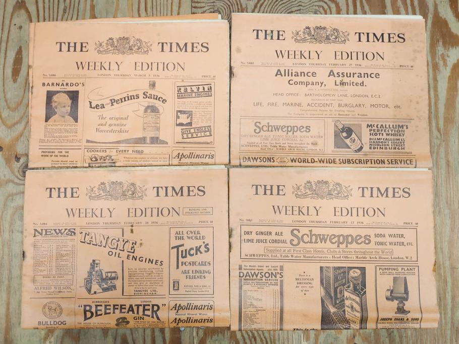 アンティーク　戦前　1936年　イギリス　THE TIMES WEEKLY EDITION　英字新聞46部(英国、広告、カラー、白黒、ディスプレイ、情報誌、ニュースペーパー、newspaper)(R-079125)　