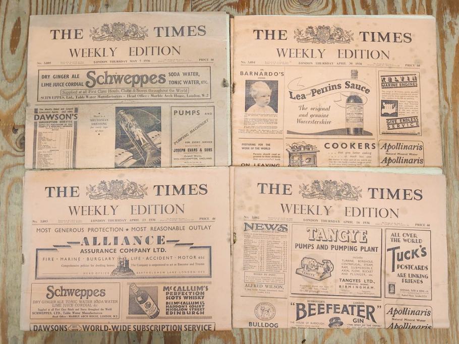 アンティーク　戦前　1936年　イギリス　THE TIMES WEEKLY EDITION　英字新聞46部(英国、広告、カラー、白黒、ディスプレイ、情報誌、ニュースペーパー、newspaper)(R-079125)　