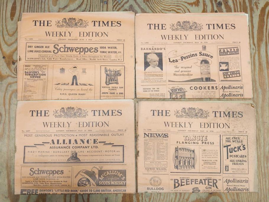 アンティーク　戦前　1936年　イギリス　THE TIMES WEEKLY EDITION　英字新聞46部(英国、広告、カラー、白黒、ディスプレイ、情報誌、ニュースペーパー、newspaper)(R-079125)　