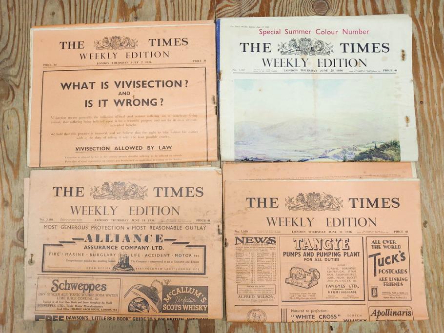 アンティーク　戦前　1936年　イギリス　THE TIMES WEEKLY EDITION　英字新聞46部(英国、広告、カラー、白黒、ディスプレイ、情報誌、ニュースペーパー、newspaper)(R-079125)　