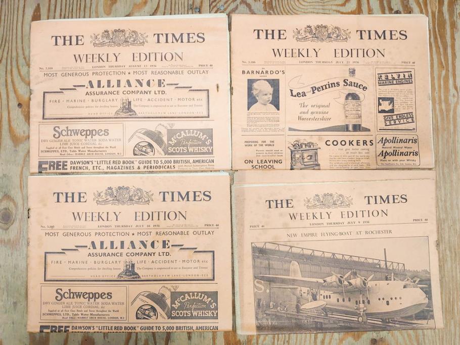 アンティーク　戦前　1936年　イギリス　THE TIMES WEEKLY EDITION　英字新聞46部(英国、広告、カラー、白黒、ディスプレイ、情報誌、ニュースペーパー、newspaper)(R-079125)　