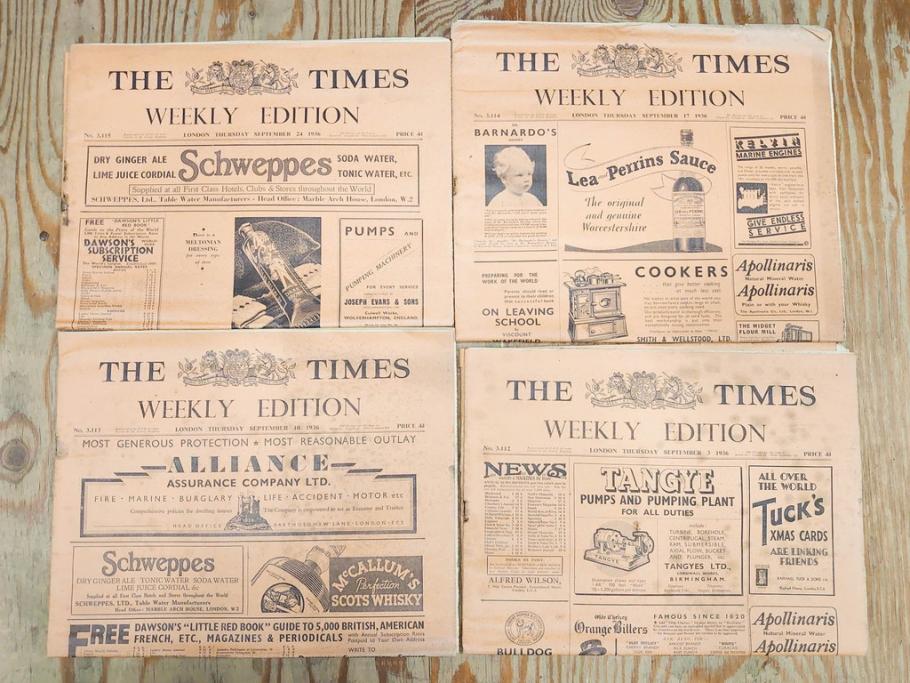 アンティーク　戦前　1936年　イギリス　THE TIMES WEEKLY EDITION　英字新聞46部(英国、広告、カラー、白黒、ディスプレイ、情報誌、ニュースペーパー、newspaper)(R-079125)　