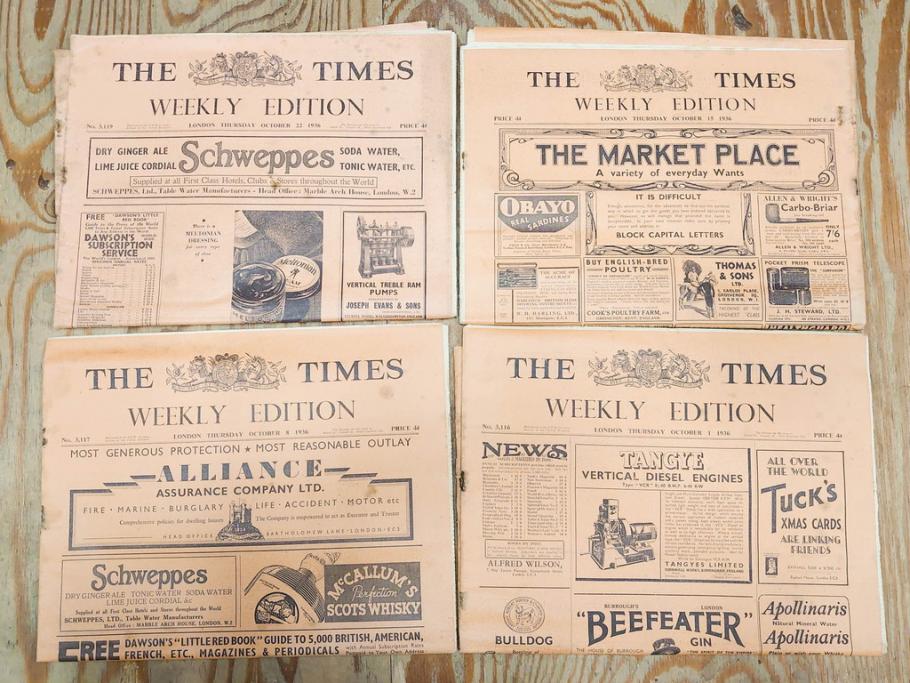アンティーク　戦前　1936年　イギリス　THE TIMES WEEKLY EDITION　英字新聞46部(英国、広告、カラー、白黒、ディスプレイ、情報誌、ニュースペーパー、newspaper)(R-079125)　