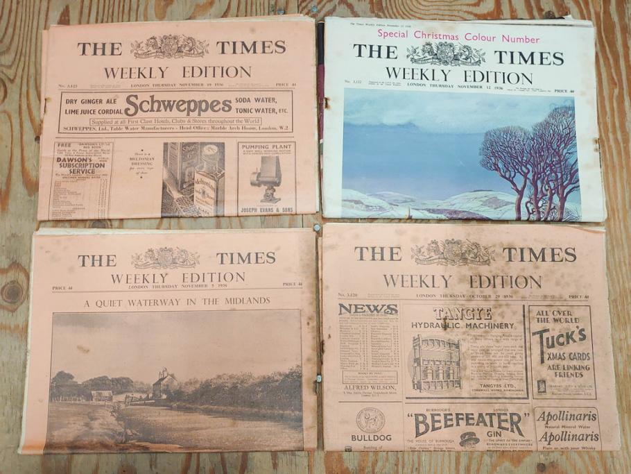 アンティーク　戦前　1936年　イギリス　THE TIMES WEEKLY EDITION　英字新聞46部(英国、広告、カラー、白黒、ディスプレイ、情報誌、ニュースペーパー、newspaper)(R-079125)　