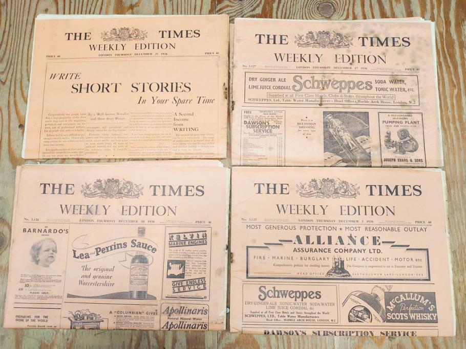 アンティーク　戦前　1936年　イギリス　THE TIMES WEEKLY EDITION　英字新聞46部(英国、広告、カラー、白黒、ディスプレイ、情報誌、ニュースペーパー、newspaper)(R-079125)　