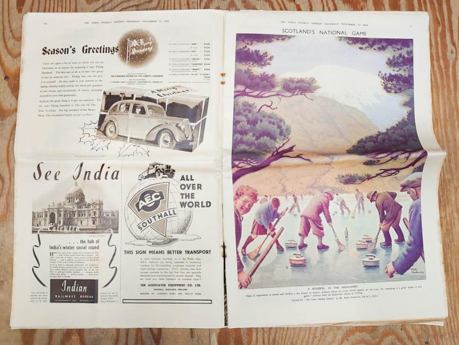 アンティーク　戦前　1936年　イギリス　THE TIMES WEEKLY EDITION　英字新聞46部(英国、広告、カラー、白黒、ディスプレイ、情報誌、ニュースペーパー、newspaper)(R-079125)　