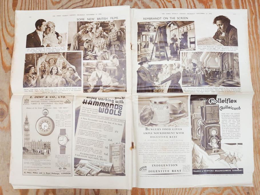 アンティーク　戦前　1936年　イギリス　THE TIMES WEEKLY EDITION　英字新聞46部(英国、広告、カラー、白黒、ディスプレイ、情報誌、ニュースペーパー、newspaper)(R-079125)　