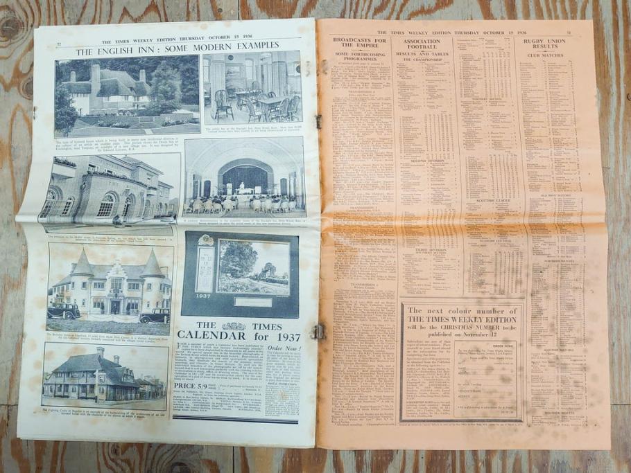 アンティーク　戦前　1936年　イギリス　THE TIMES WEEKLY EDITION　英字新聞46部(英国、広告、カラー、白黒、ディスプレイ、情報誌、ニュースペーパー、newspaper)(R-079125)　