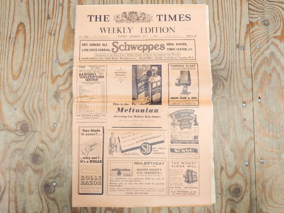 アンティーク　戦前　1936年　イギリス　THE TIMES WEEKLY EDITION　英字新聞46部(英国、広告、カラー、白黒、ディスプレイ、情報誌、ニュースペーパー、newspaper)(R-079125)　