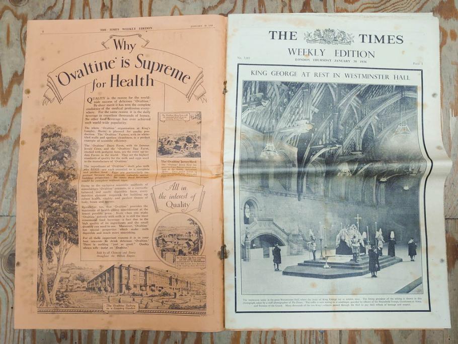 アンティーク　戦前　1936年　イギリス　THE TIMES WEEKLY EDITION　英字新聞46部(英国、広告、カラー、白黒、ディスプレイ、情報誌、ニュースペーパー、newspaper)(R-079125)　