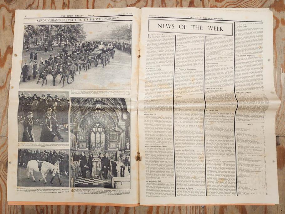 アンティーク　戦前　1936年　イギリス　THE TIMES WEEKLY EDITION　英字新聞46部(英国、広告、カラー、白黒、ディスプレイ、情報誌、ニュースペーパー、newspaper)(R-079125)　