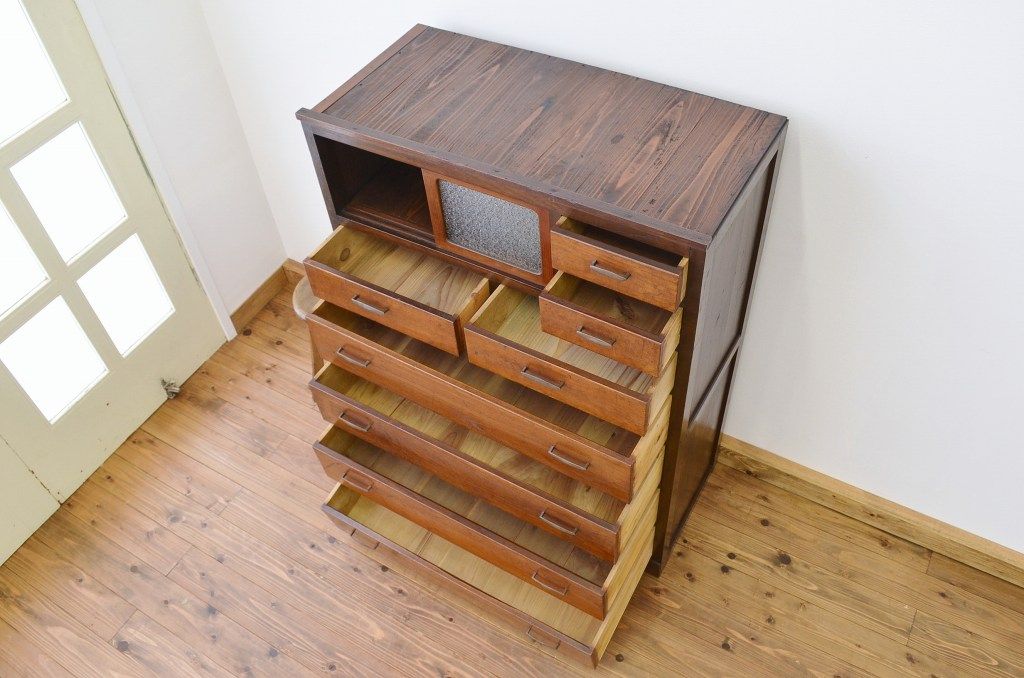 アンティーク家具　★前面欅!ダイヤガラスアンティークチェスト(箪笥)