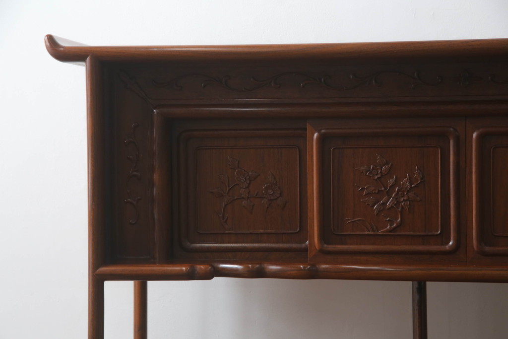 中古　美品　花梨(カリン)材　上質なこだわりの空間づくりにおすすめの飾り棚(茶棚、唐木、戸棚、収納棚、違い棚)(R-068145)