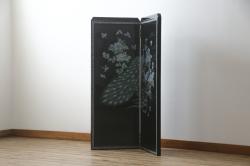 中古　美品　ラデン細工　孔雀の美しい翼が描かれた折り畳み衝立て(つい立て、パーテーション、折りたたみ)(R-061418)