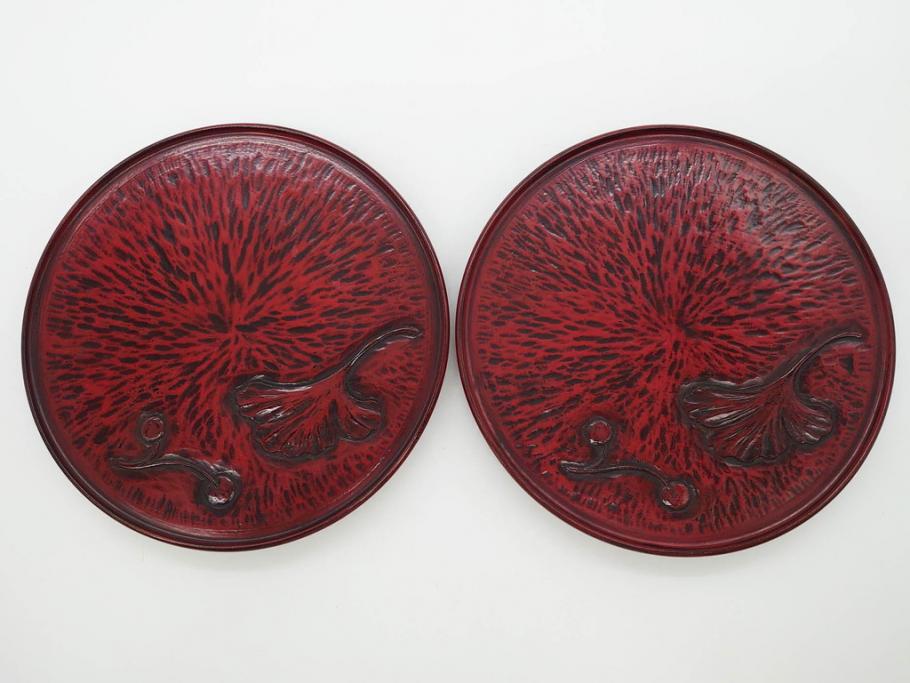 鎌倉彫　彫刻　木製　漆器　和の雰囲気を演出する銘々盆9枚セット(博古堂?、梅、桜、銀杏、紅葉、花、共箱付き)(R-079136)