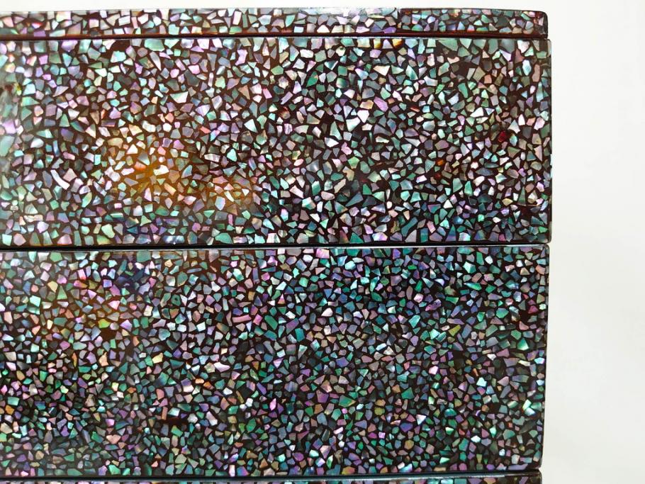 時代物　螺鈿(ラデン)　星をちりばめたような眩い脚付き五段重箱(漆器、木製、お重)(R-079137)
