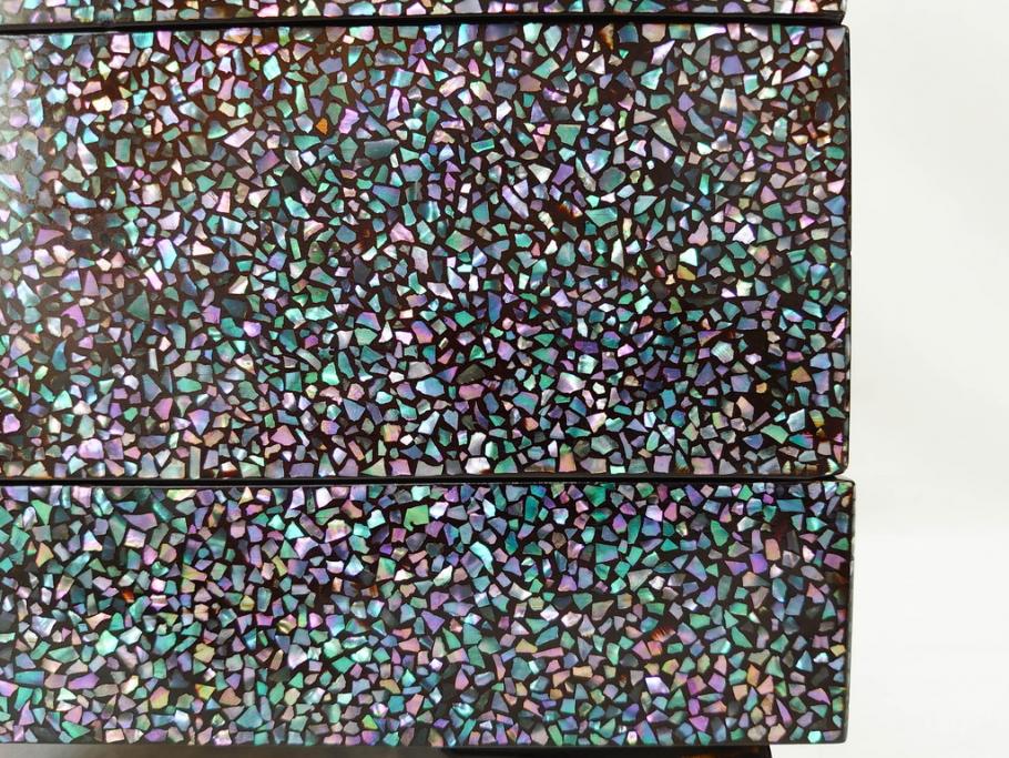 時代物　螺鈿(ラデン)　星をちりばめたような眩い脚付き五段重箱(漆器、木製、お重)(R-079137)