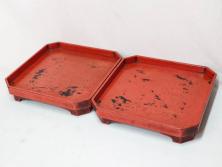 時代物　根来塗　時を重ねた風合いが魅力のお膳2客セット(角盆、漆器、木製、脚付き)(R-079139)