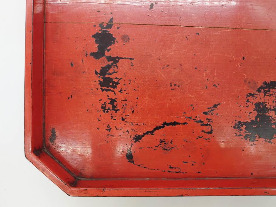 時代物　根来塗　時を重ねた風合いが魅力のお膳2客セット(角盆、漆器、木製、脚付き)(R-079139)
