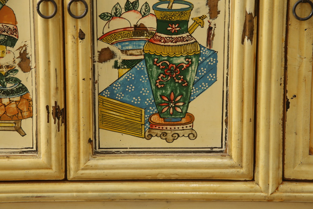 中古　美品　アジアンアンティーク風　カラフルな花の絵柄がかわいらしい大型飾り棚(陳列棚、キャビネット、オープンラック)(R-052165)