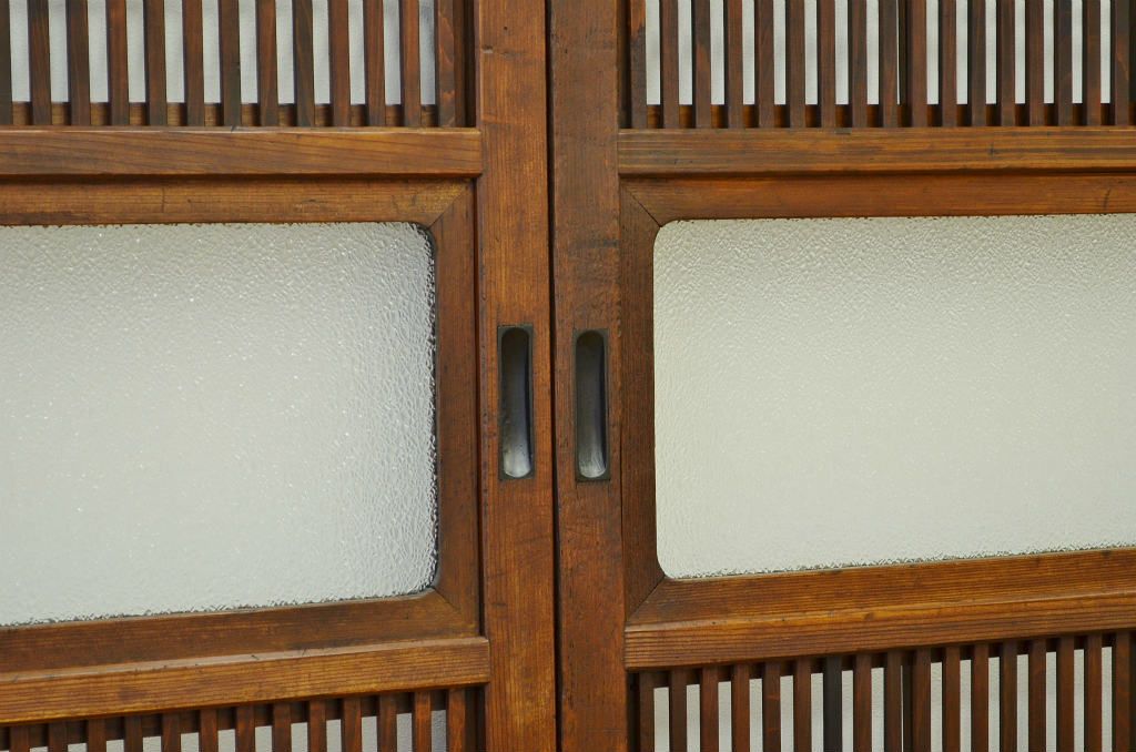 古民具　骨董　古い木のダイヤガラス格子戸4枚セット(裏障子付き)