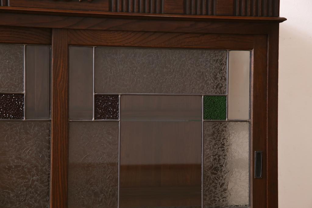 【セミオーダー家具実例】大正昭和初期のキャビネットをリメイク!建具に色ガラス、結霜ガラス、クリアガラスを使用したラフジュ工房オリジナルのステンドグラスを組み入れました。(ガラスケース、収納棚、戸棚)