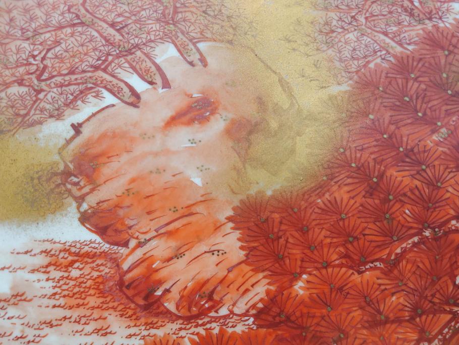 九谷焼　石盛堂　赤絵　金彩　青粒　山水文　約40cm　1尺3寸　緻密に描かれたデザインが見事な大皿(楼閣図、風景、山、滝、海、船、舟、松、尺皿、和食器、和皿、一尺三寸、共箱付き、皿立付き)(R-079145)