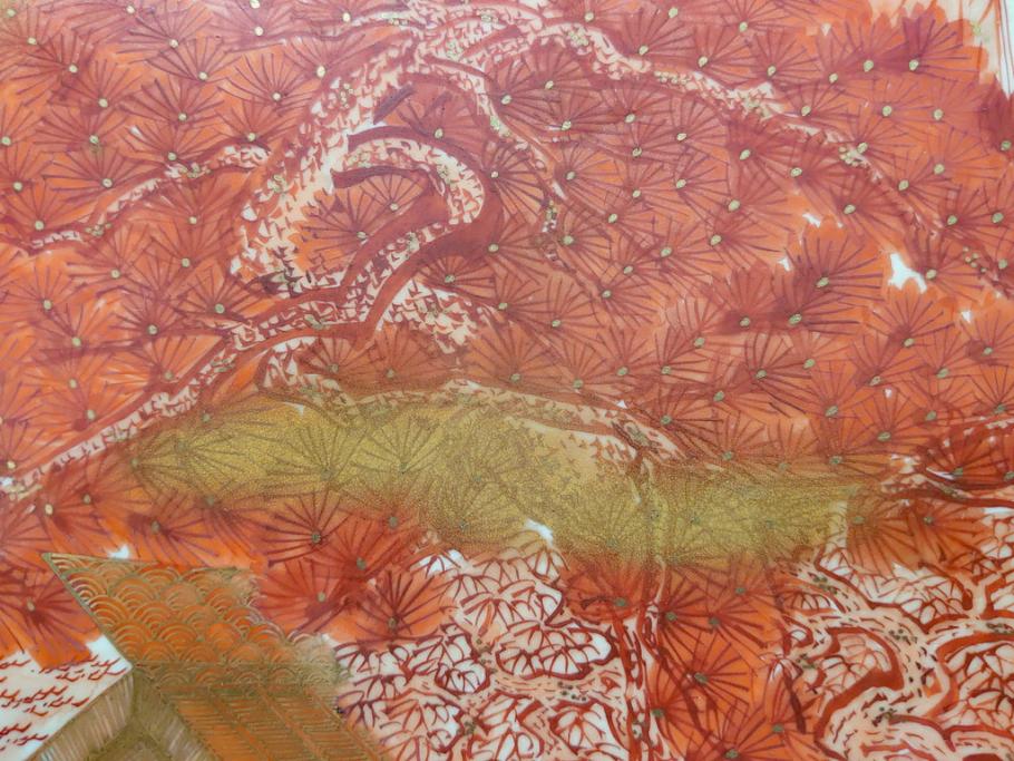 九谷焼　石盛堂　赤絵　金彩　青粒　山水文　約40cm　1尺3寸　緻密に描かれたデザインが見事な大皿(楼閣図、風景、山、滝、海、船、舟、松、尺皿、和食器、和皿、一尺三寸、共箱付き、皿立付き)(R-079145)