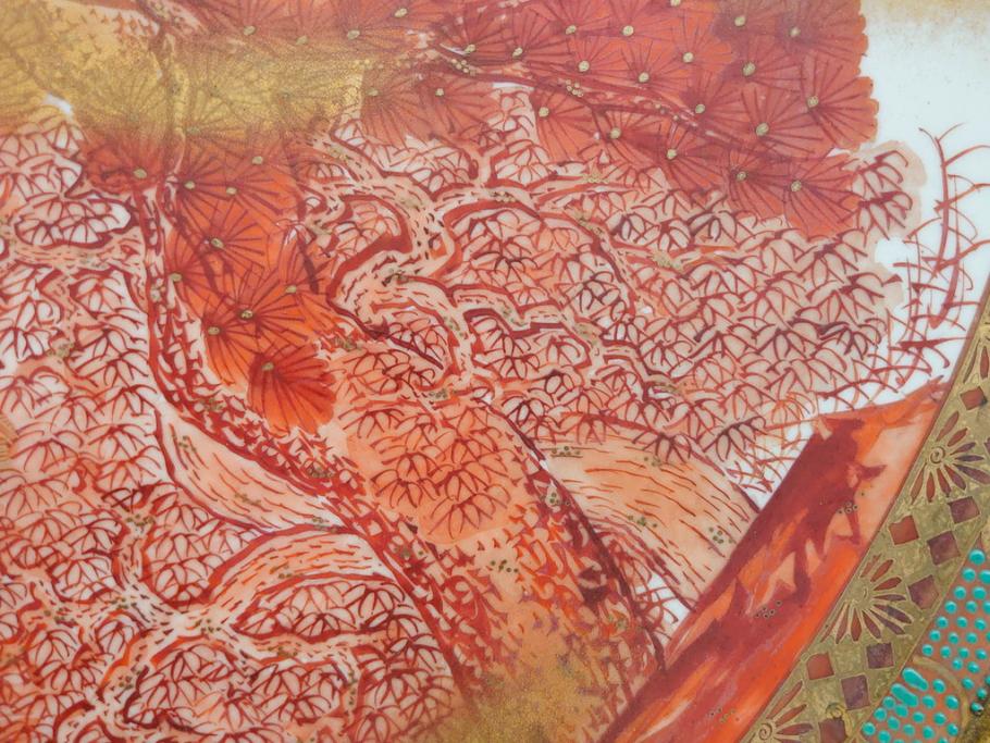九谷焼　石盛堂　赤絵　金彩　青粒　山水文　約40cm　1尺3寸　緻密に描かれたデザインが見事な大皿(楼閣図、風景、山、滝、海、船、舟、松、尺皿、和食器、和皿、一尺三寸、共箱付き、皿立付き)(R-079145)