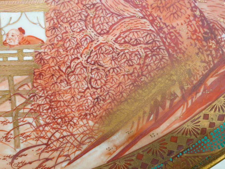 九谷焼　石盛堂　赤絵　金彩　青粒　山水文　約40cm　1尺3寸　緻密に描かれたデザインが見事な大皿(楼閣図、風景、山、滝、海、船、舟、松、尺皿、和食器、和皿、一尺三寸、共箱付き、皿立付き)(R-079145)