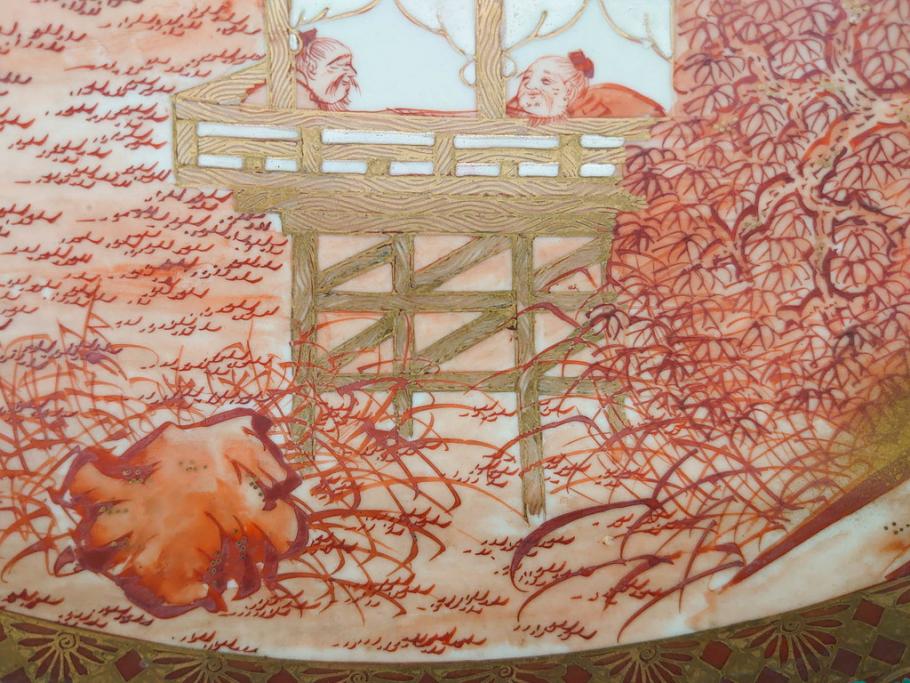 九谷焼　石盛堂　赤絵　金彩　青粒　山水文　約40cm　1尺3寸　緻密に描かれたデザインが見事な大皿(楼閣図、風景、山、滝、海、船、舟、松、尺皿、和食器、和皿、一尺三寸、共箱付き、皿立付き)(R-079145)