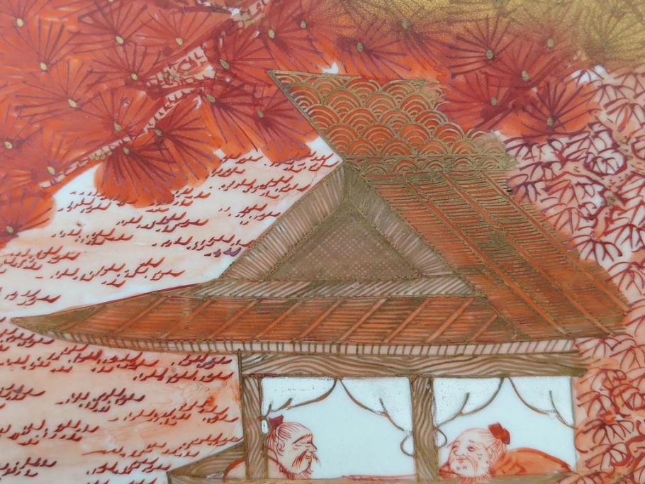 九谷焼　石盛堂　赤絵　金彩　青粒　山水文　約40cm　1尺3寸　緻密に描かれたデザインが見事な大皿(楼閣図、風景、山、滝、海、船、舟、松、尺皿、和食器、和皿、一尺三寸、共箱付き、皿立付き)(R-079145)